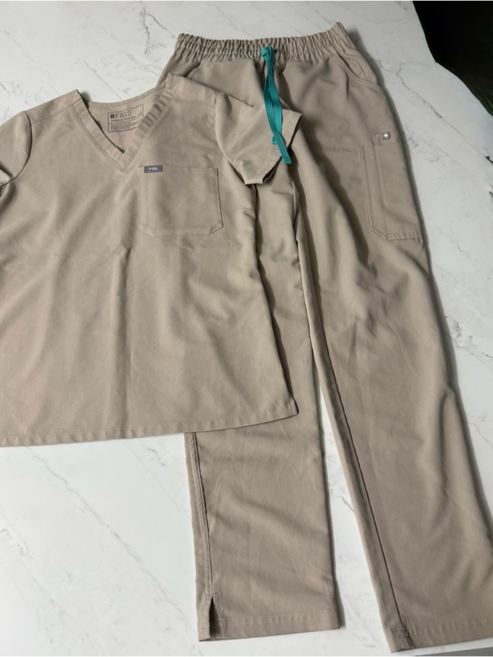 Figs Beige Scrub Top and Pants with Teal Drawstring